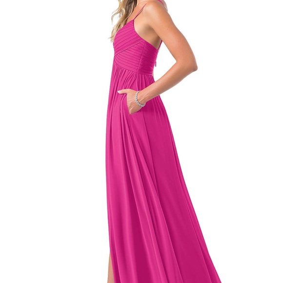 Azazie - Alia Floor-Length Dress - A-Line Pleated Chiffon - Fuchsia- Size 4- EUC - Picture 2 of 12